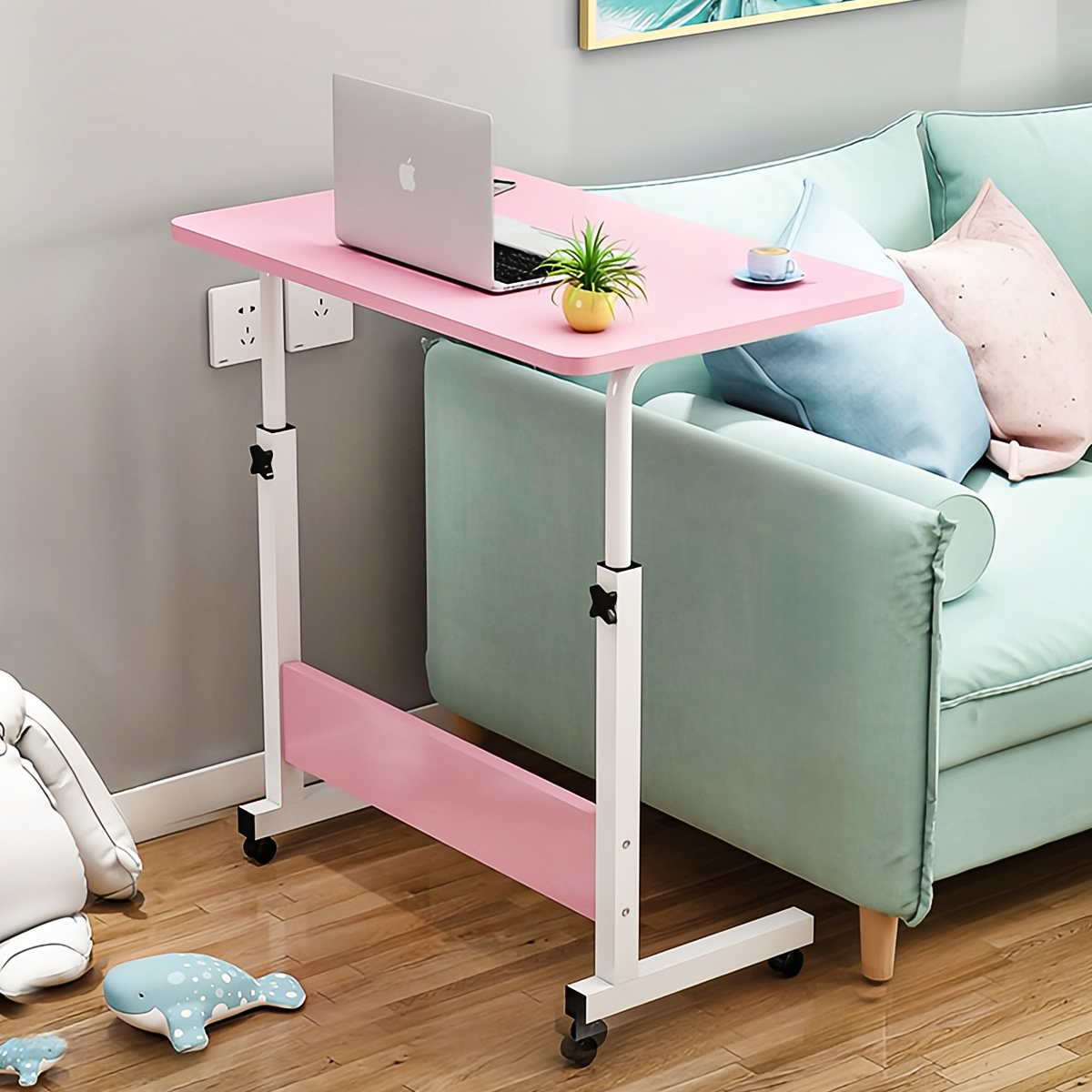 Mesa ajustável para laptop com rodas, mesa giratória para computador ao lado do sofá-cama, mesa elevatória para laptop, mesa lateral