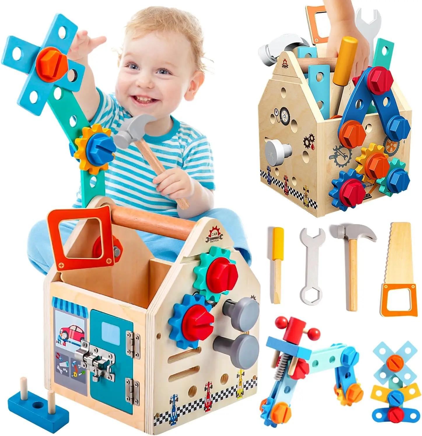 Set di cassette degli attrezzi in legno per bambini Giocattoli Simulazione Strumento di manutenzione Giocattoli di riparazione Montessori Vite Puzzle Bambini Giochi di finzione Giocattoli Regalo