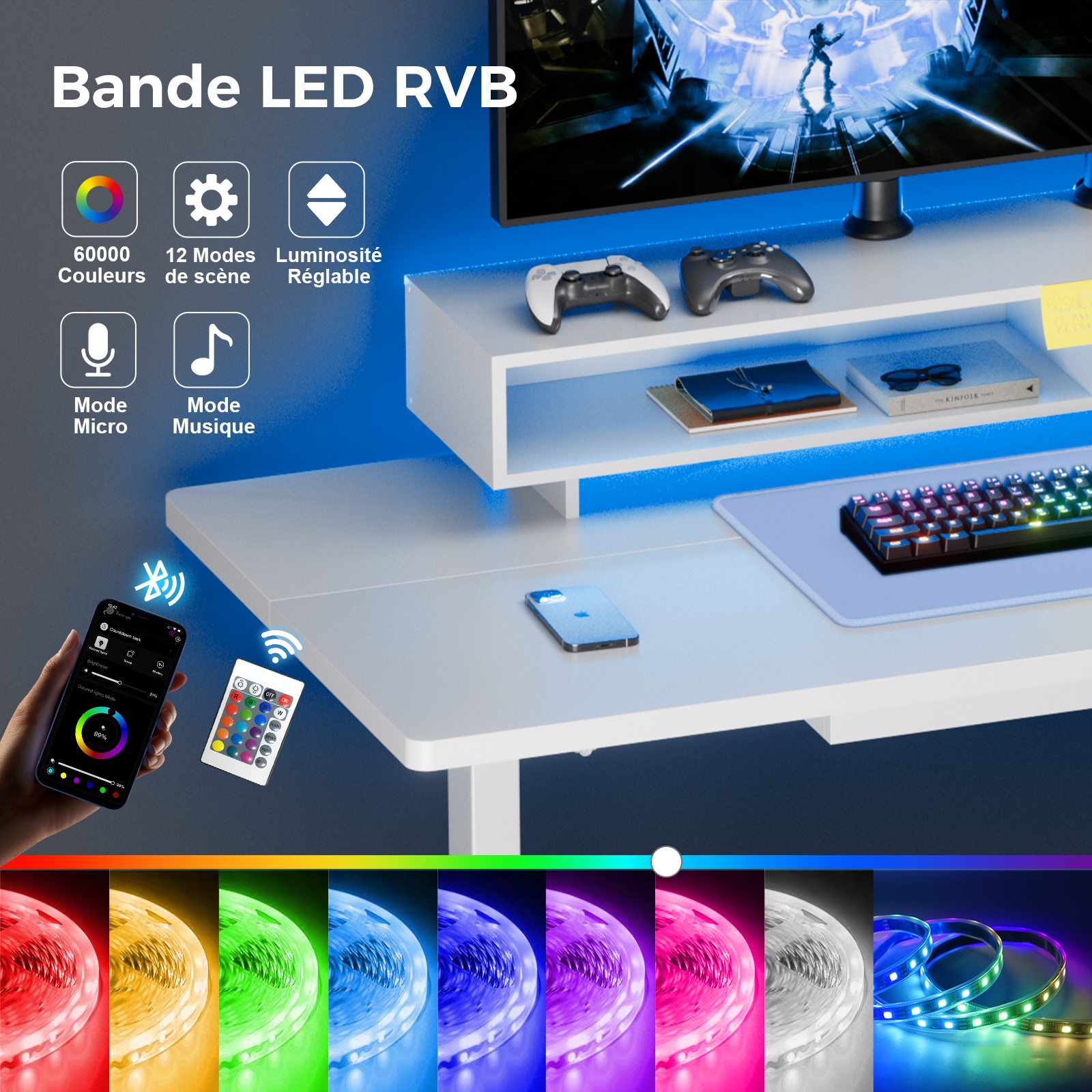 GTPLAYER Bureau Réglable en Hauteur Électrique 120x60 cm avec Tiroirs et Support Écran Bureau Ergonomique pour Bureau et Gaming Blanc