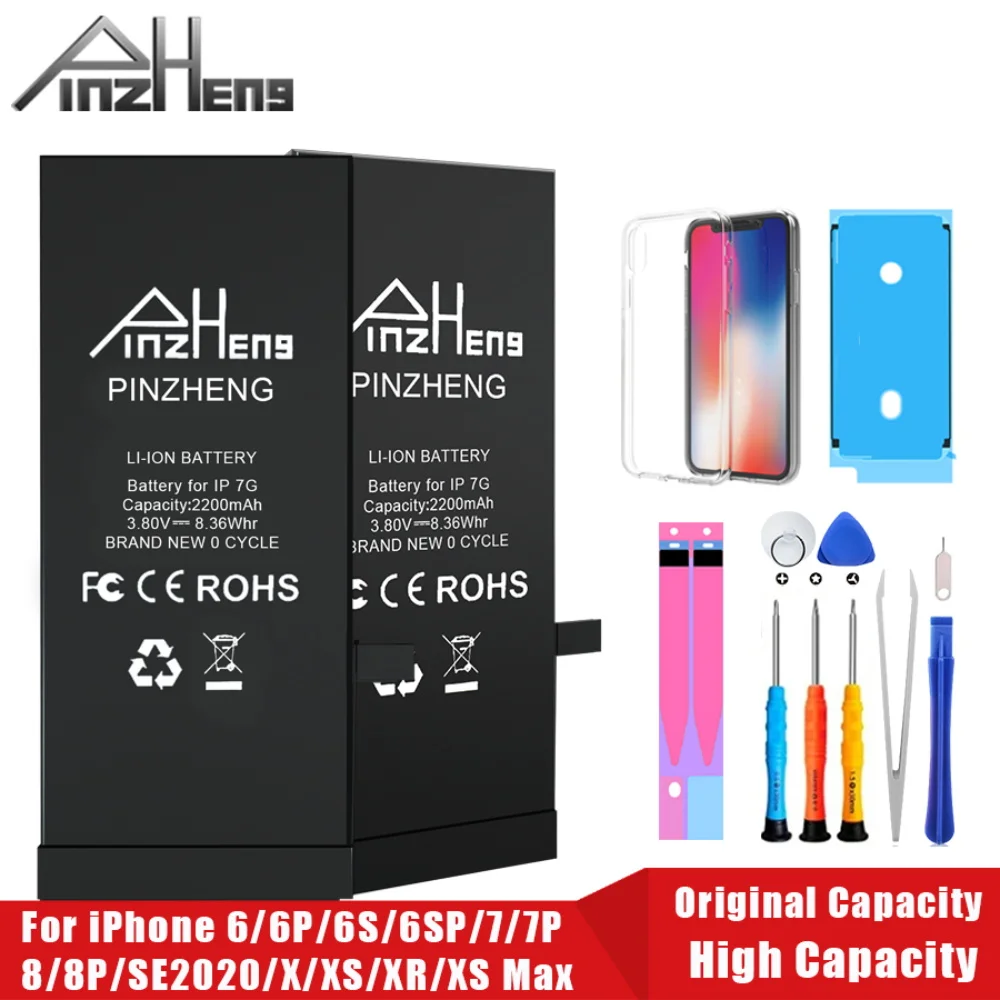 PINZHENG настоящий аккумулятор большой емкости для iPhone 8 SE2020 6 6S 7 8Plus X Xs Max Xr, сменные аккумуляторы для телефона, гарантия один год