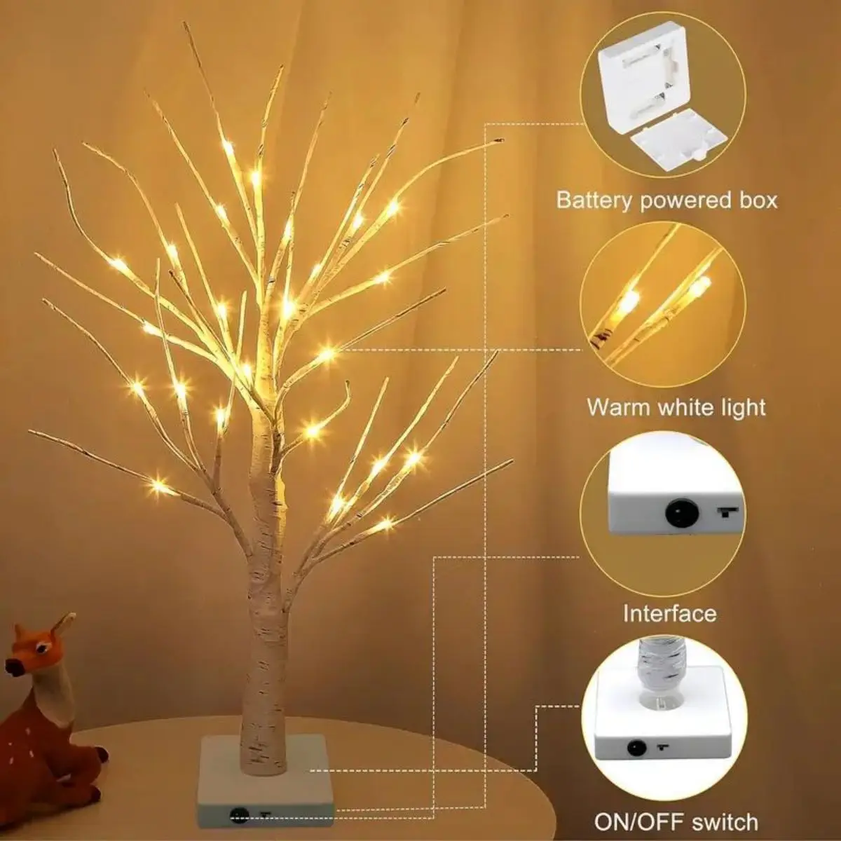 1 peça 24 led árvore de páscoa, ramos ajustáveis de árvore de bétula 3aa e fonte de alimentação usb, luz decorativa de árvore de quarto (sem bateria)