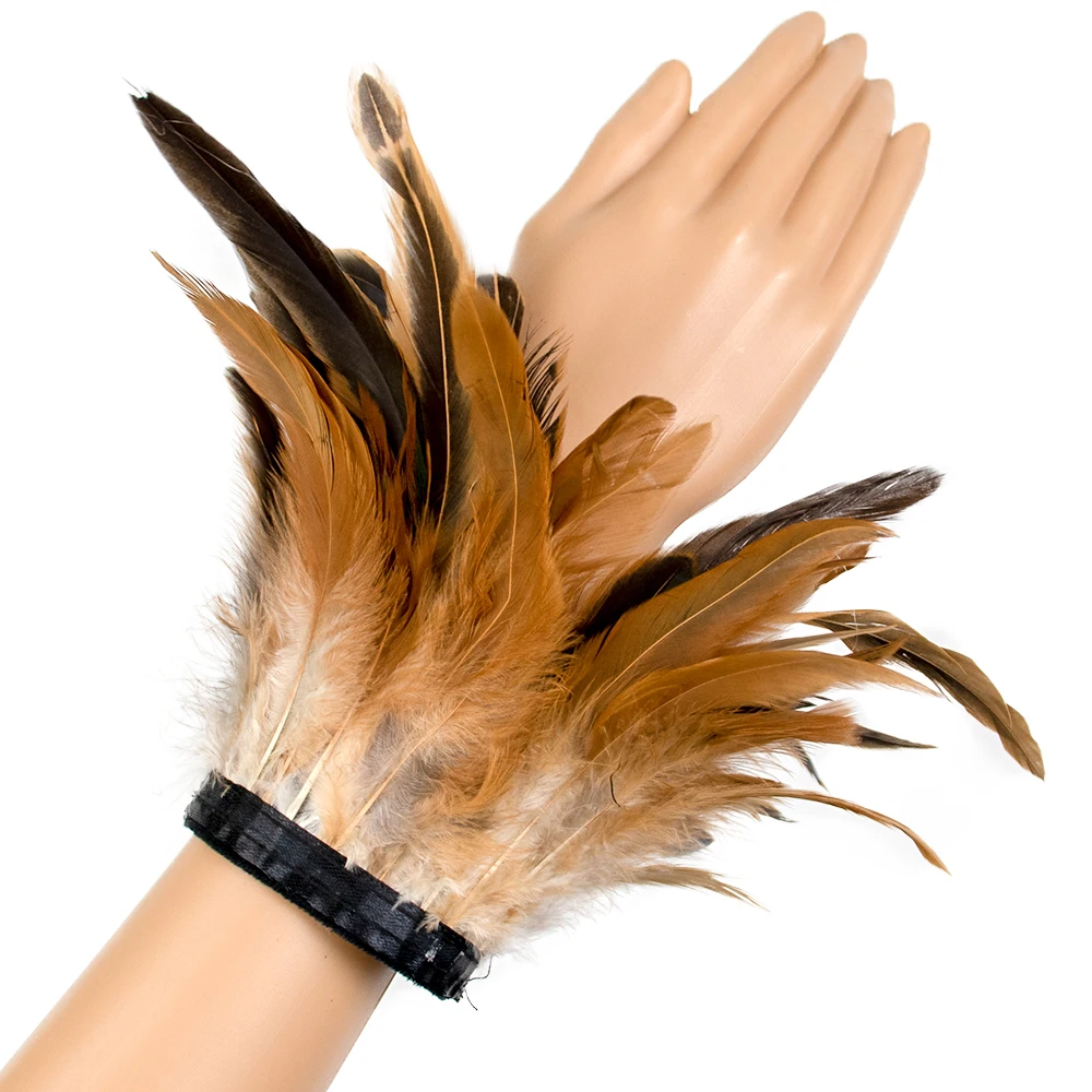 Customized Feather Cuffs Snap on Wrist Sleeve Wristband with Rooster Feathers Trim For Photos Feather wrist cuffs