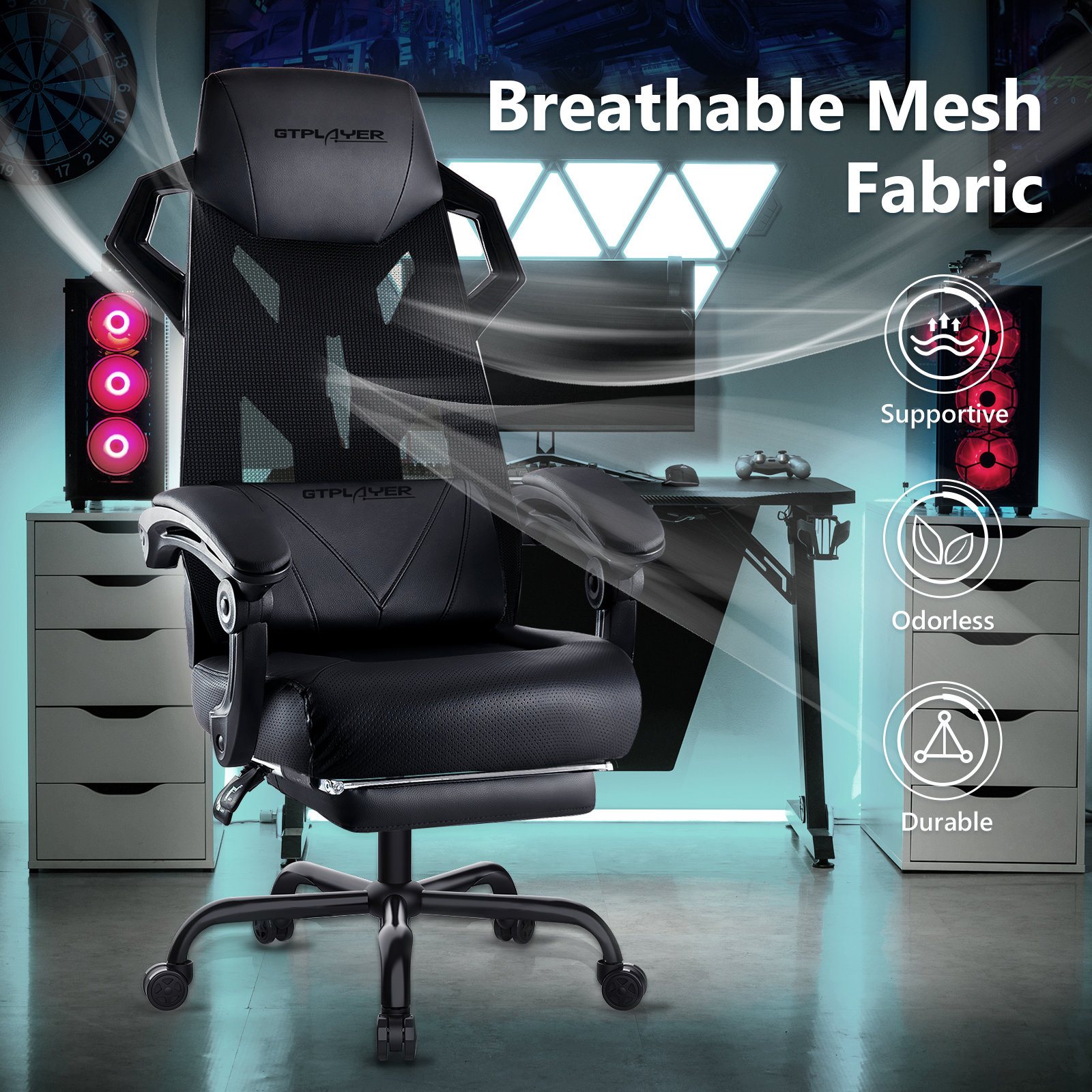 GTPLAYER Mesh Gaming Chair with Footrest 3D Stereoscopic Frame Support Ergonomic Fabric Cover Desk Chair