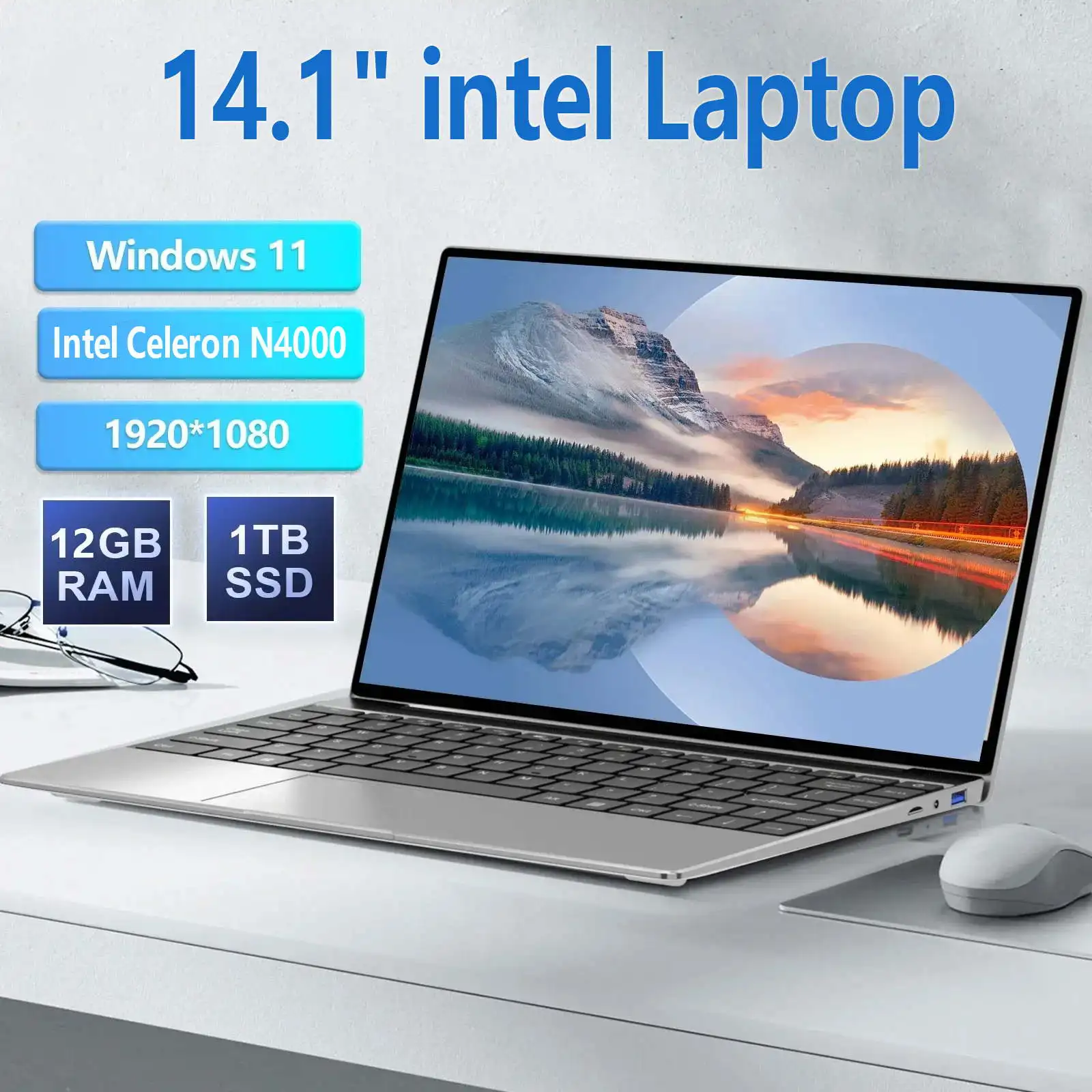 14.1 ''Windows 11 Kantoor Studie Intel Celeron N4000 Laptop Computer 12 GB DDR4 512 GB SSD Ontgrendelen Notebook PC Computer FHD Display