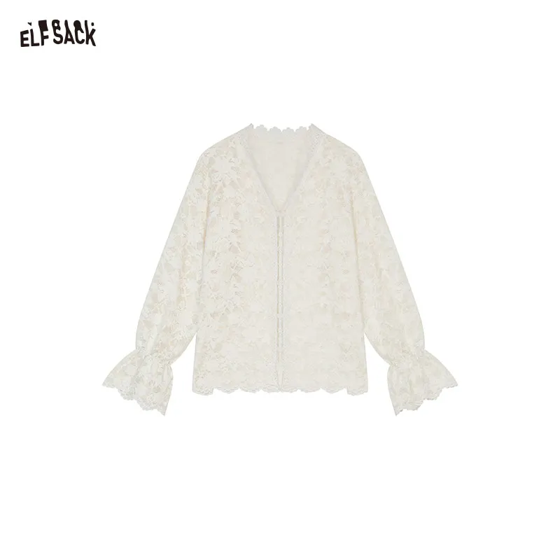 Elfsack-白いレースのシフォンシャツ,半透明,女性用,レイヤートップ,新着,冬,2022