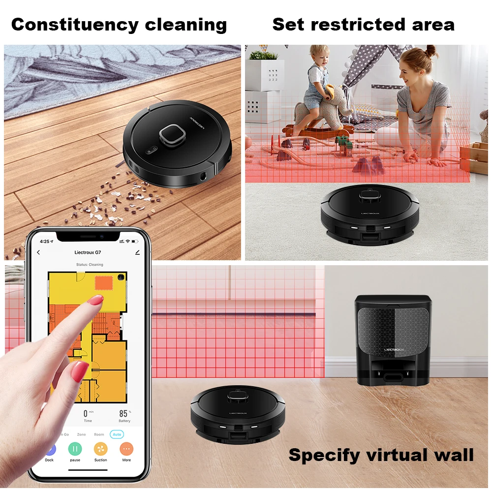(Werbe-Code:AEEU10) Liectroux G7 LDS Roboter-Staubsauger- und Wischmop-Kombination,selbstentleerender Mülleimer,Lasernavigation,mehrstöckige Karte,selektive Raumreinigung,No-Go-Zonen, Haltepunkt-Resume-Reinigung, 6,5 kPa, Teppicherkennung