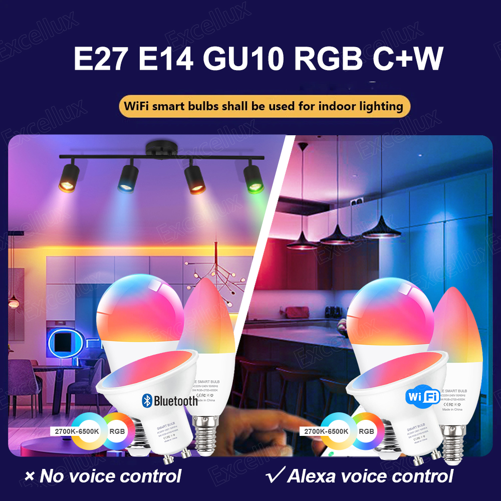 Tuya E27 E14 GU10 Glühbirne WiFi/Zigbee/Bluetooth, dimmbare LED-Lampe 2700–6500 K RGB, intelligente LED-Glühbirne funktioniert mit Alexa Amazon