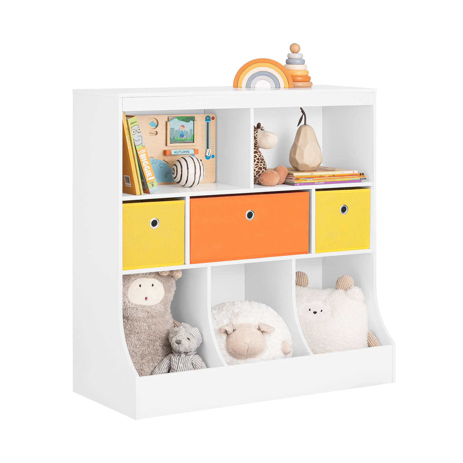 SoBuy KMB26-W Kinder Bücherregal Kinderregal mit 5 Ablagefächern und 3 Stoffboxen Spielzeugregal Aufbewahrungsregal für Kinder