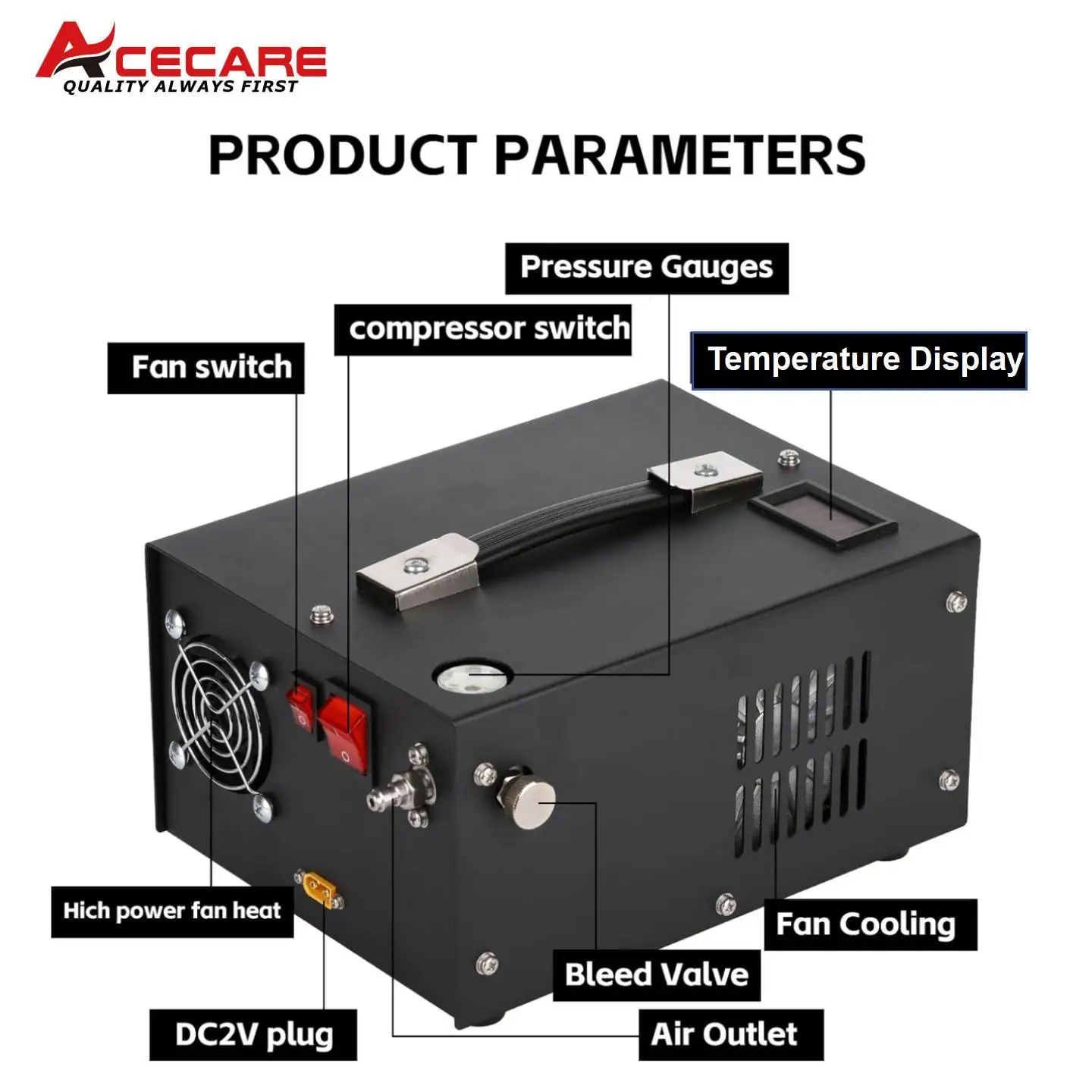 ACECARE 4500Psi PCP Air Compressor with 12V Car power supply 300Bar High Pressure PCP Compressor for SCBA Diving
