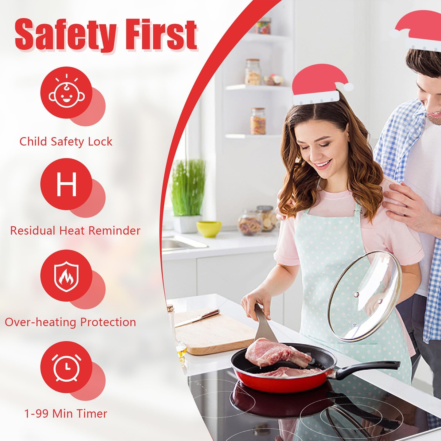 Placa de cerámica Karinear, placa de cocina eléctrica integrada de 4 zonas de 60 cm con zona ovalada dual 6600 W, cable duro, sin enchufe incluido