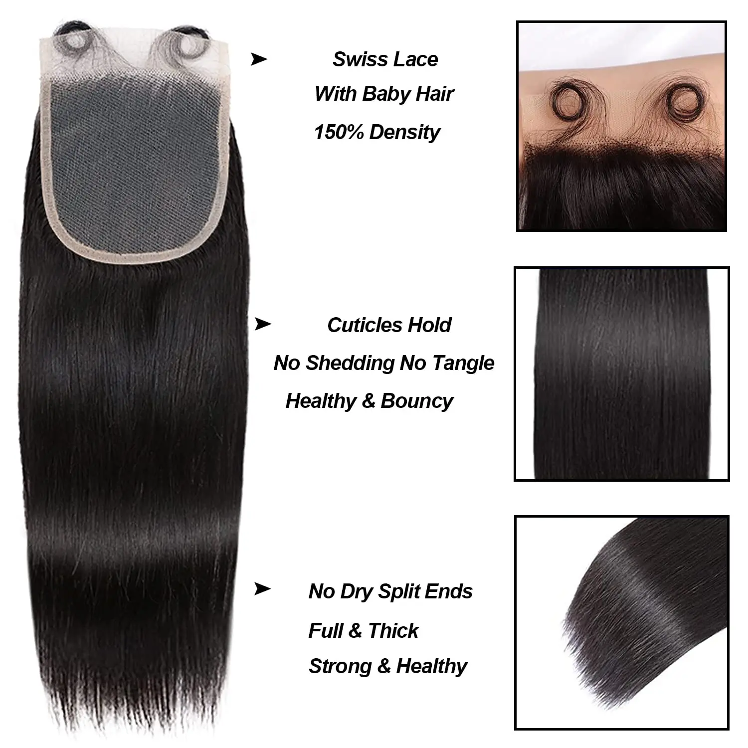 Pacotes de cabelo humano reto brasileiro com fechamento, frontal, 100% não processado, cabelo do bebê, 4x4, 3 Pacotes
