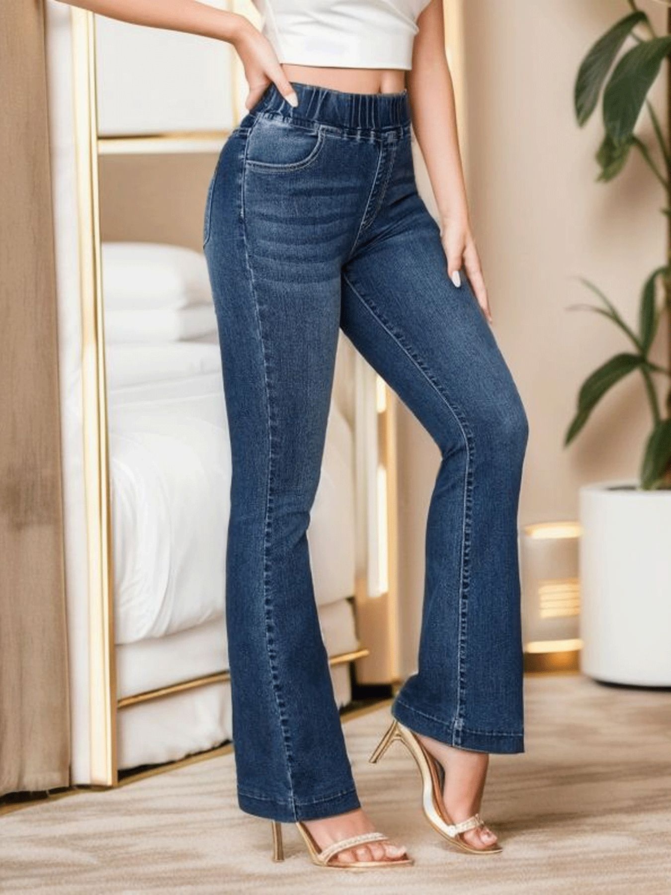 Frühling 2024, neue Mode, hohe Stretch, elastische Taille, Boot-Cut-Jeans, schmale Passform, Hip-Lift-Denim, ausgestellte Hosen, lässige dünne Hosen