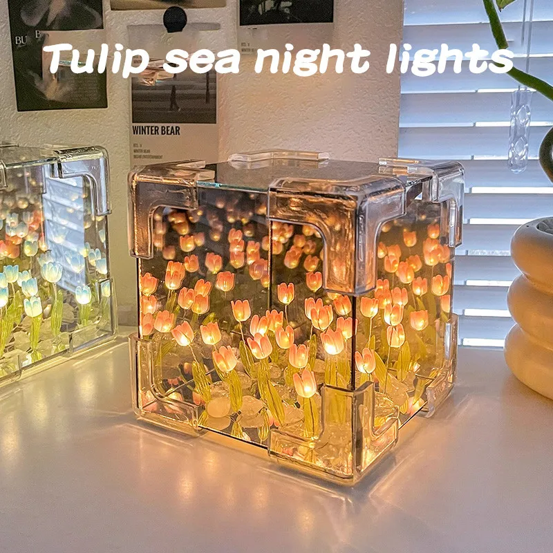 Paquete de Material de mar de flor de tulipán DIY, luz nocturna, cubo mágico, espejo, atmósfera, luz nocturna, Festival transparente octogonal