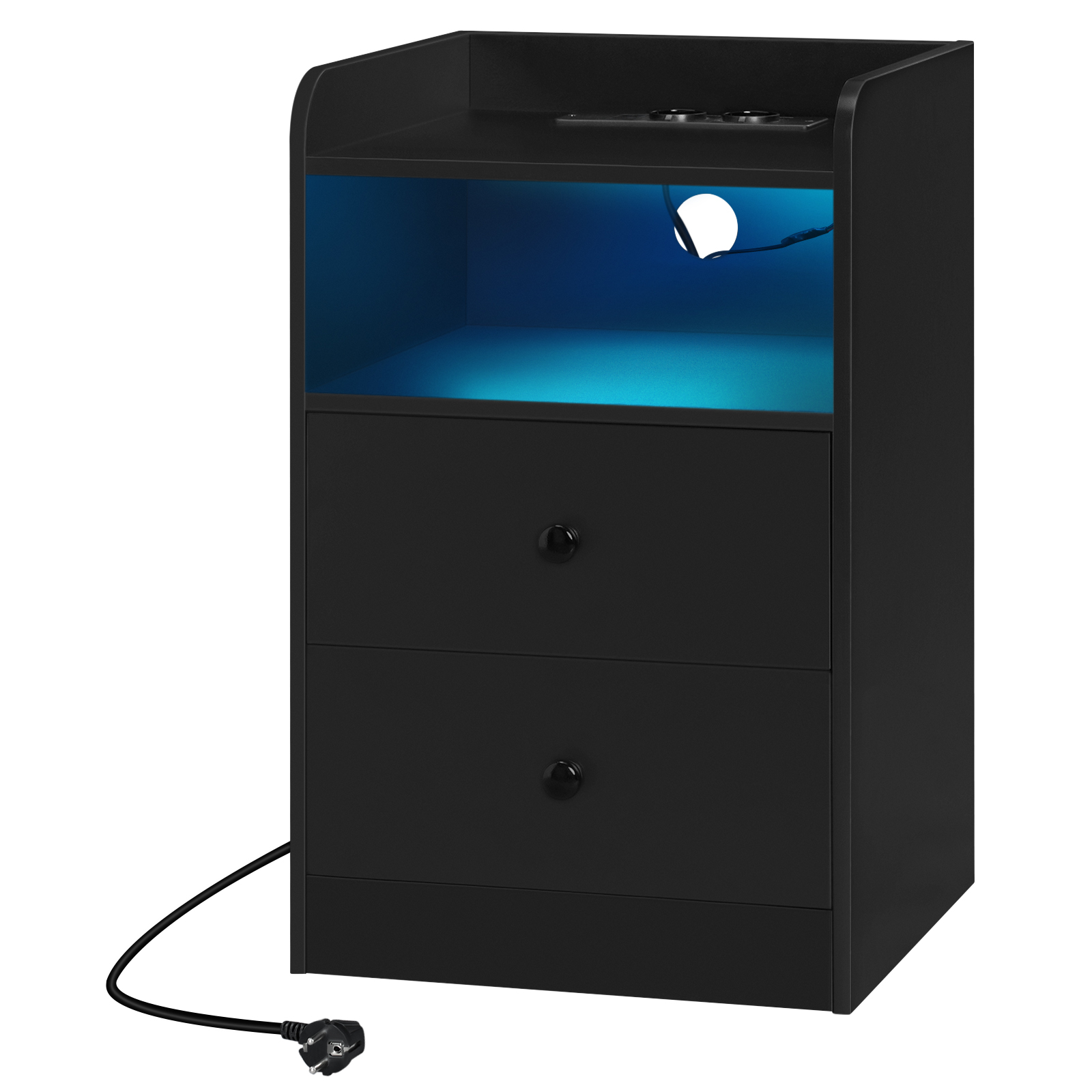 Table de chevet avec station de charge, prises USB, ports, table d'appoint avec lumière LED, table de chevet, chambre à coucher en bois