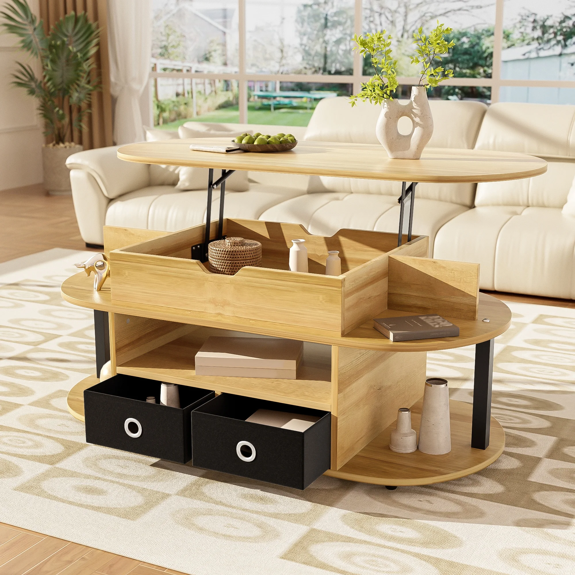 Couchtisch, Stilvolles Design, Praktischer Stauraum, mit Hebefunktion, Schwarz-Holz