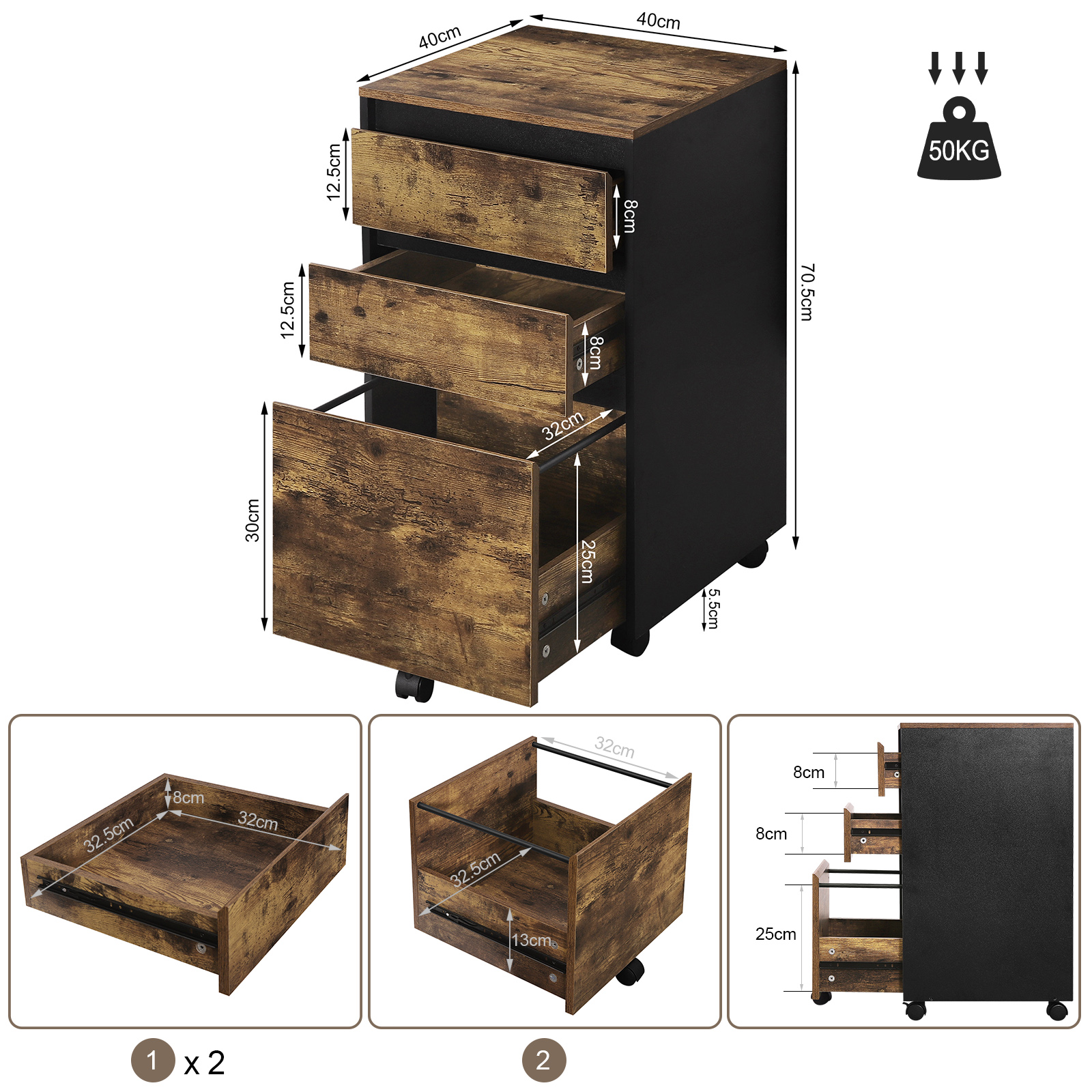 WOLTU 40 x 70 x 40 cm mobiler Aktenschrank für Hebelbogen-Ordner, Büro-Organizer, Aufbewahrung mit 3 Schubladen, Rollen, Rollschrank
