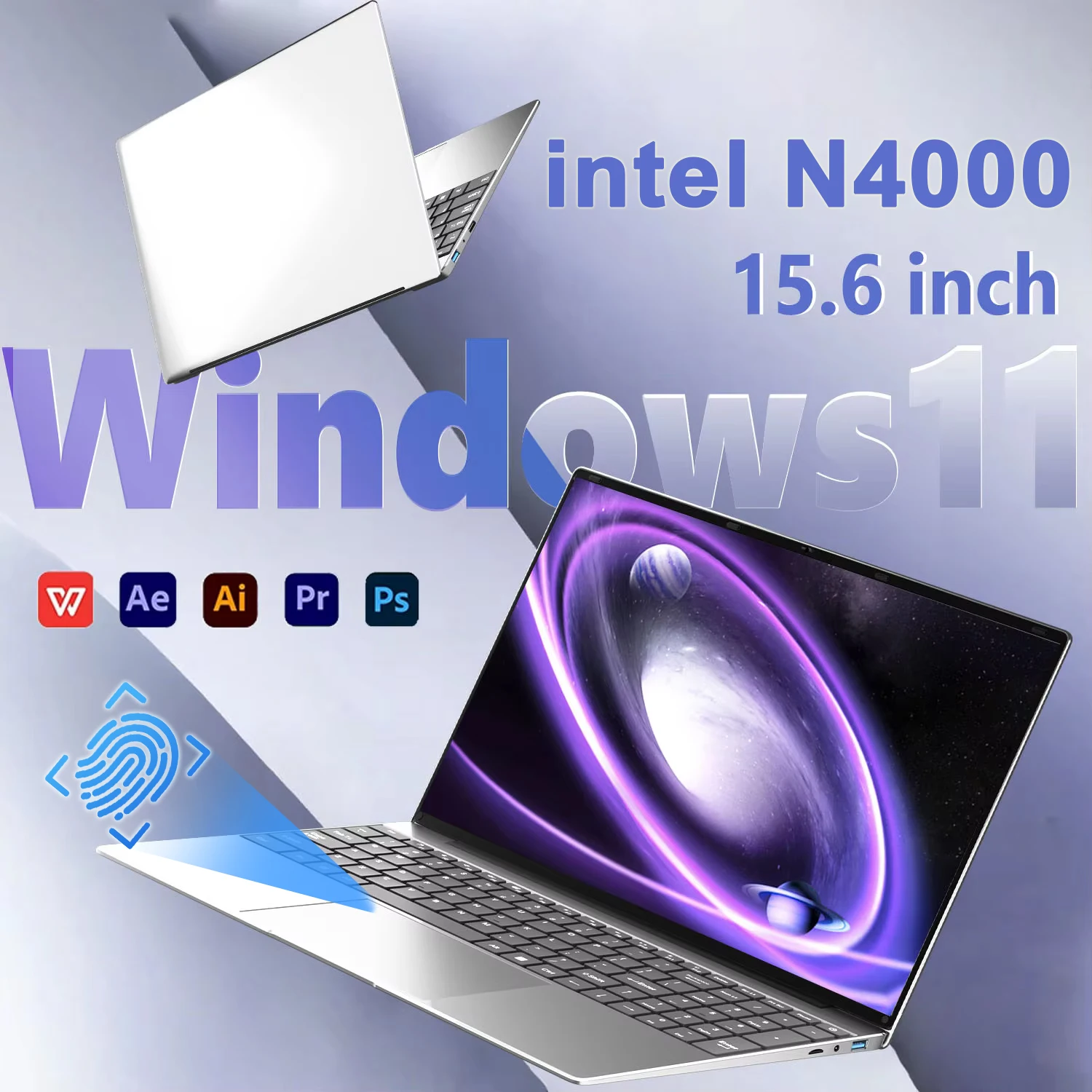 2025 nouveau 15.6 "Windows 11 ordinateur portable Intel Celeron N4000 déverrouiller par empreinte digitale ordinateur 16GB DDR4 1/2TB SSD ordinateurs portables