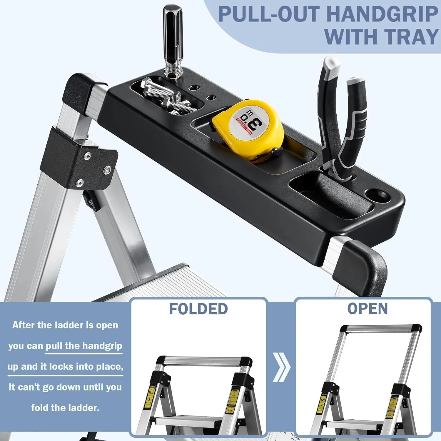Step Ladder 5 Step, Aluminum Folding Step Stool with Retractable Handgrip & Removable Tool Tray, Lightweight Stepladders