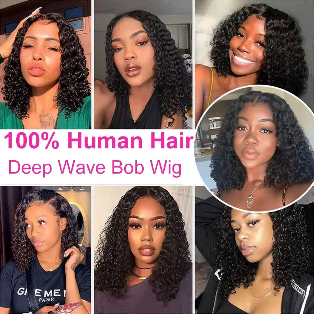 13x4 สั้น Curly Bob วิกผมเปียกและ Wavy Deep Wave วิกผมความหนาแน่น 200 ลูกไม้ด้านหน้าด้านหน้ามนุษย์ Wigs สําหรับผู้หญิง 4x4 ปิดวิกผม