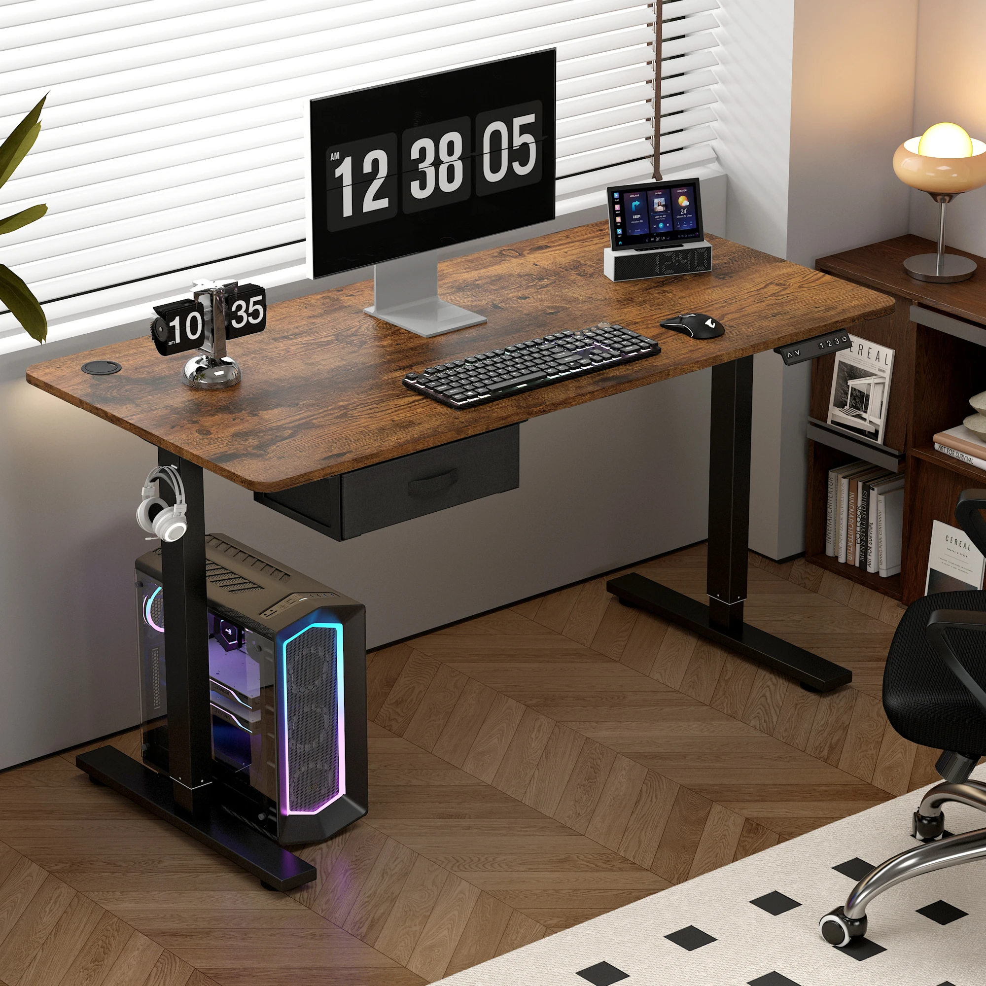 Electric Standing Desk Sit Stand Table Height Adjustable Electric Computer Desk USB Charging Port Drawer for Home Office-100cm