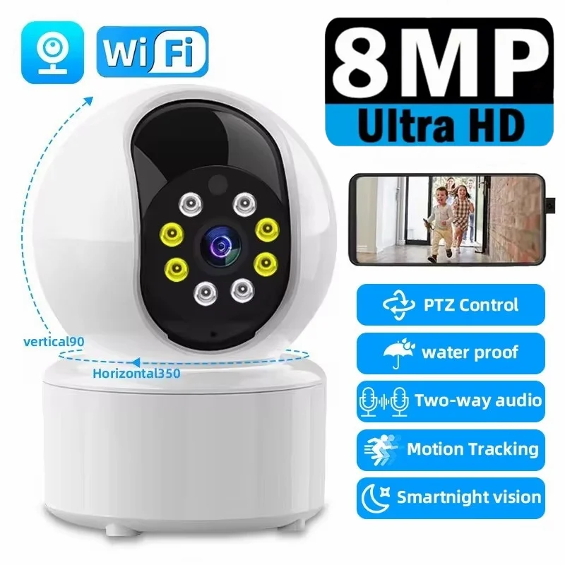 Cámara de vigilancia inteligente para el hogar, WiFi, PTZ, Ai, seguimiento automático, Monitor de bebé, visión nocturna interior, cámara inalámbrica IP de seguridad, 8MP