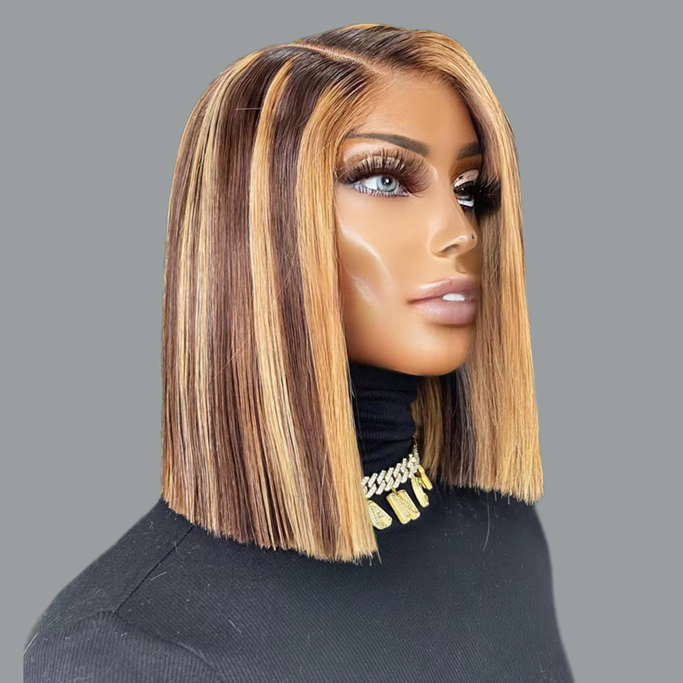Gerade kurze Bob-Perücke, 100 % Echthaar-Perücke, 4/27, Highlight, 13 x 4 Spitze-Frontal-Perücken, Bob, honigblond, Ombre-Braun, Lace-Front-Perücke