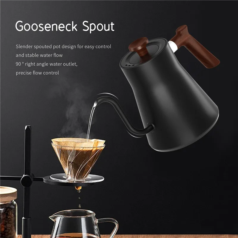 Bollitore elettrico Piccolo bollitore da viaggio portatile Caffè a collo di cigno Kittle elettrico Caffettiera in acciaio inossidabile con manico in legno