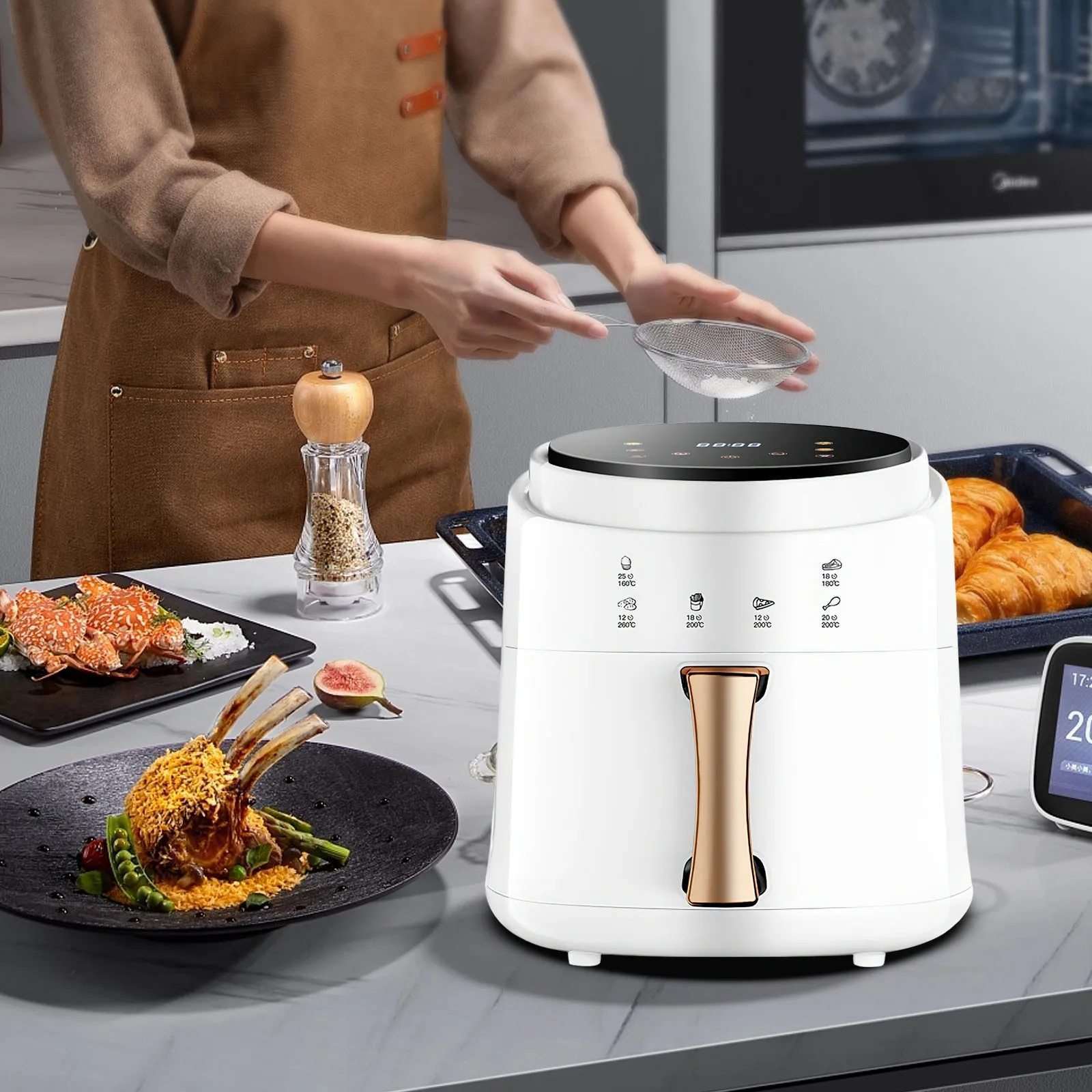 Fritadeira multifuncional do ar da casa com tela táctil, 1400W, 220V, 6 modos refrigerando, 8l, 360 °