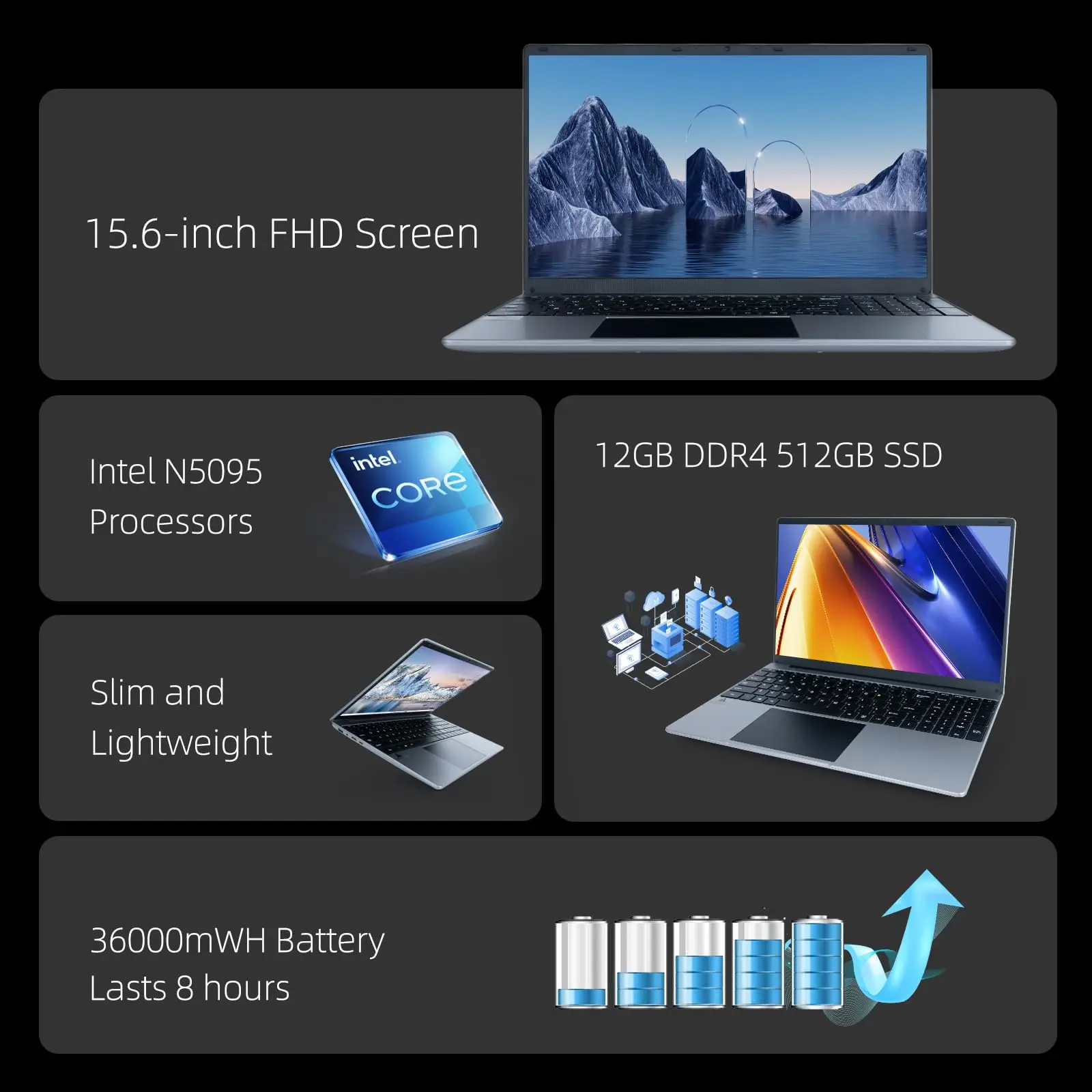 LT1504 15.6" Laptop Intel N5095 12GB RAM 512GB SSD IPS Display Windows 11 Long Battery Life Notebook