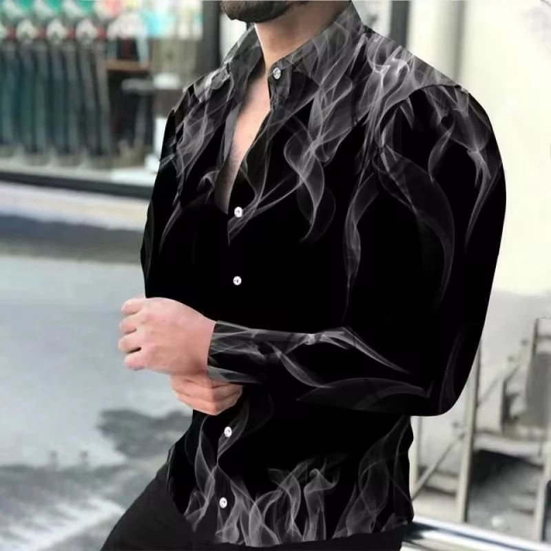 แฟชั่นผู้ชายใหม่เสื้อ Turn-Down COLLAR Buttoned เสื้อฤดูใบไม้ผลิและฤดูใบไม้ร่วงสบายๆเปลวไฟพิมพ์เสื้อแขนยาวบุรุษเสื้อผ้า