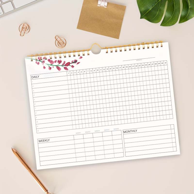 Rastreador de hábitos, calendario para hacer lista, planificador encuadernado en espiral, rastreador de hábitos diario, semanal y mensual, diario y tablero de objetivos, 12 páginas, 1 ud.