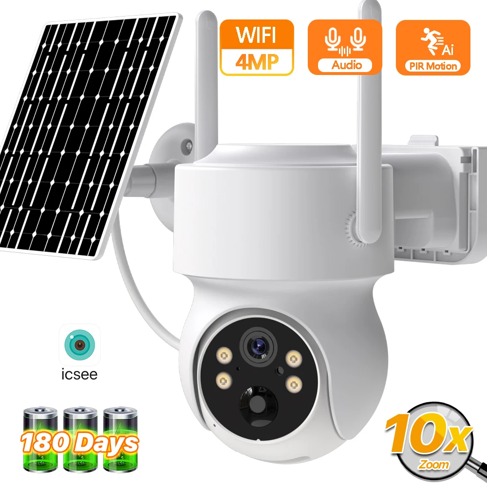 Eingebauter Akku WiFi PTZ 4MP Drahtlose Solar-IP-Kamera für den Außenbereich 6X Zoom 1080P Videoüberwachungskamera Langzeit-Standby iCSee