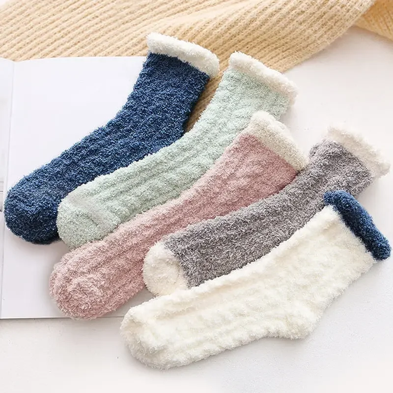 5 pares de meias de lã coral espessadas para mulheres manga média conforto e calor meias de inverno meias de chão