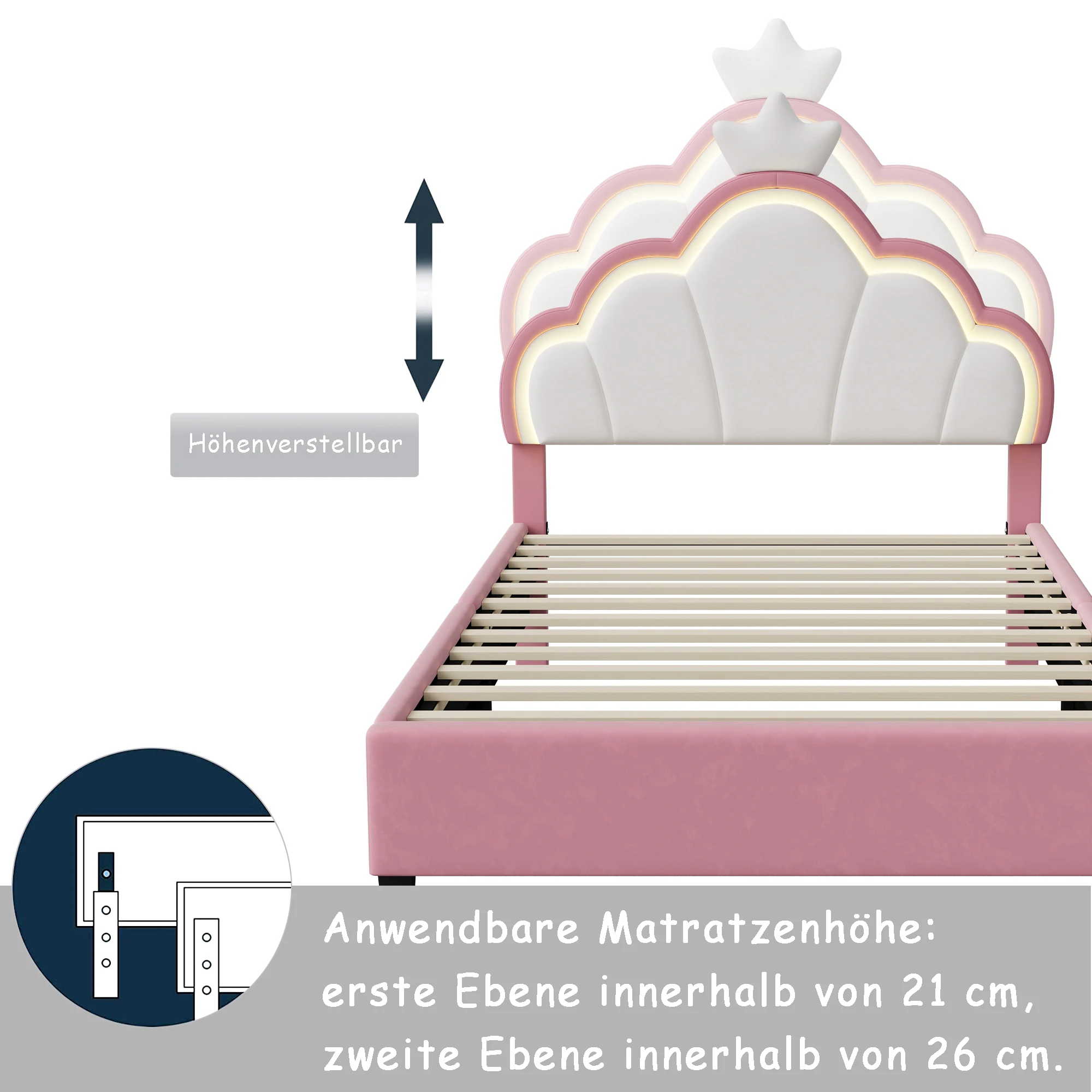 Łóżko dziewczęce Rosahqnda 90-140*200cm LED Regulowane Zagłówek Łóżko pojedyncze Łóżko podwójne Łóżko księżniczki Łóżko młodzieżowe Aksamit Różowy