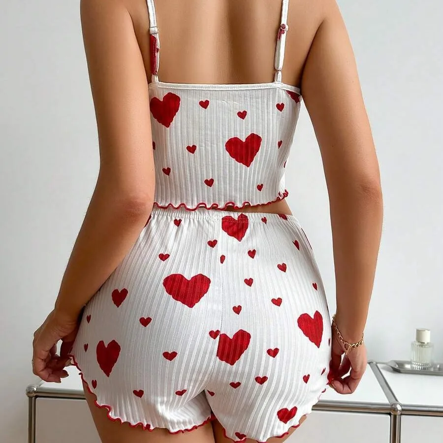 Conjunto de pijama con estampado de corazón de 2 piezas para mujer, top corto sin mangas y pantalones cortos, ropa de dormir suave y cómoda para ropa de dormir de verano