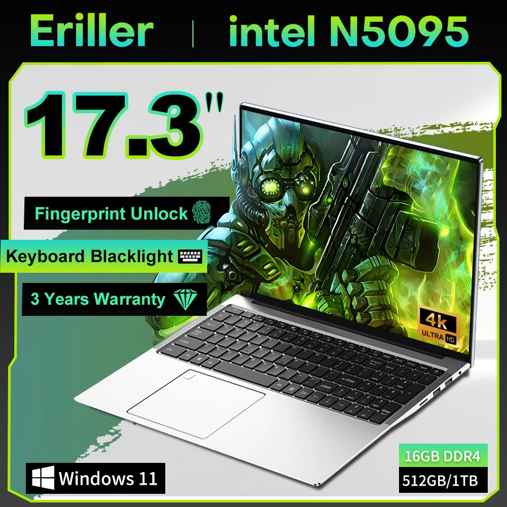 Erilles 17.3" Computer Portatile Intel Celeron N5095 16GB DDR4 1TB SSD Windows 11 Computer Portatili da Ufficio con Impronte Digitali Notebook Computer PC
