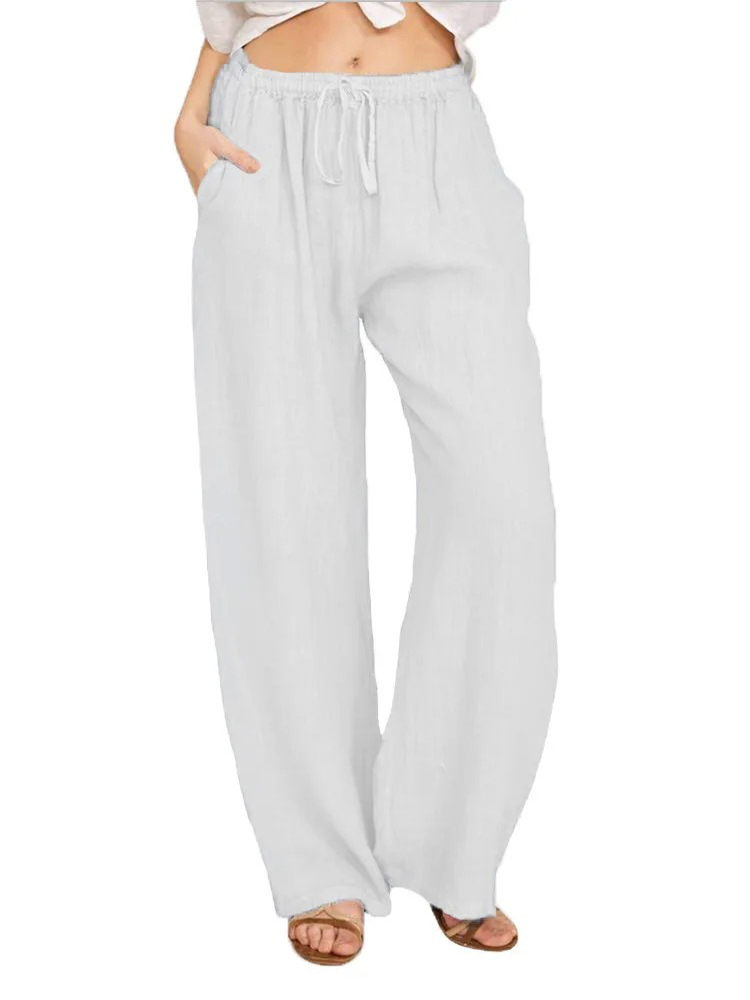 Pantalones de lino y algodón para mujer, pantalones de pierna ancha de cintura alta lisos de verano y otoño, pantalones deportivos informales transpirables de cáñamo sueltos para mujer