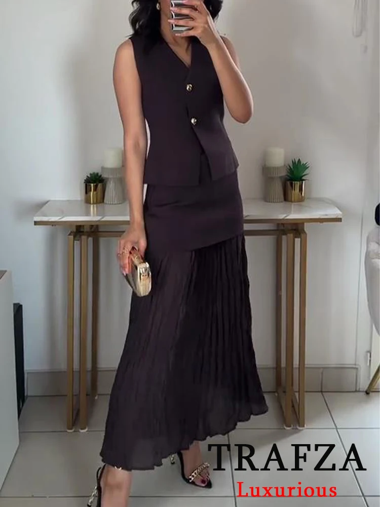 TRAFZA-traje de punto Vintage Chic para mujer, traje sin mangas con cuello en V, Top con una botonadura, falda larga recta empalmada, traje de otoño 2024