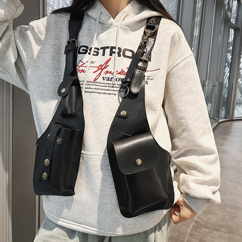 多機能PUレザーベストスタイルチェストバッグ スタイリッシュなショルダーバッグ 男女兼用