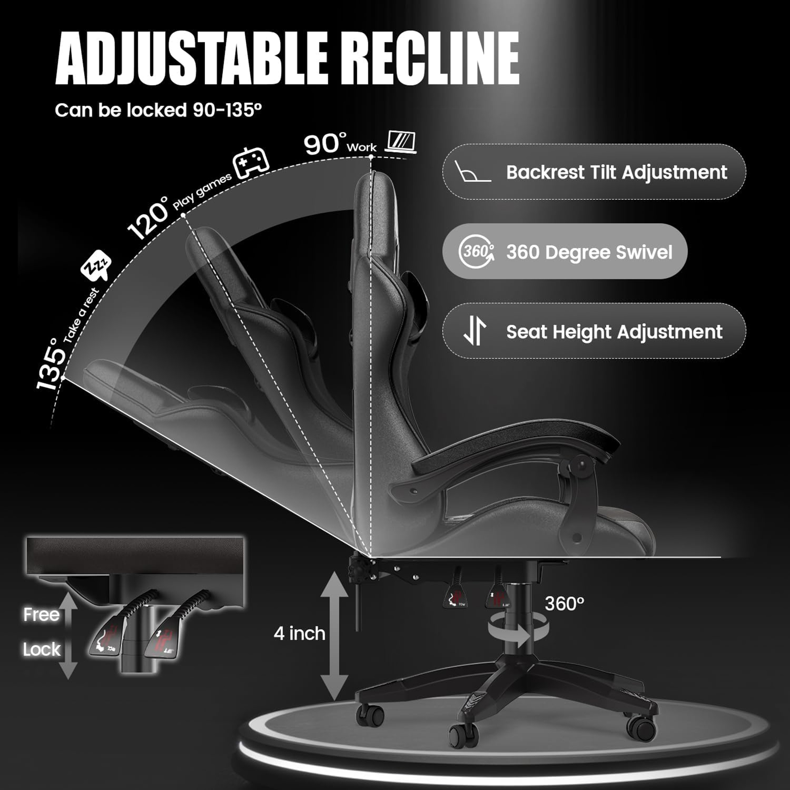 Bigzzia Ergonomische gamingstoel PC-stoel Computerstoel Gamingstoel Ademende bureaustoel met kussen, verstelbare rugsteun
