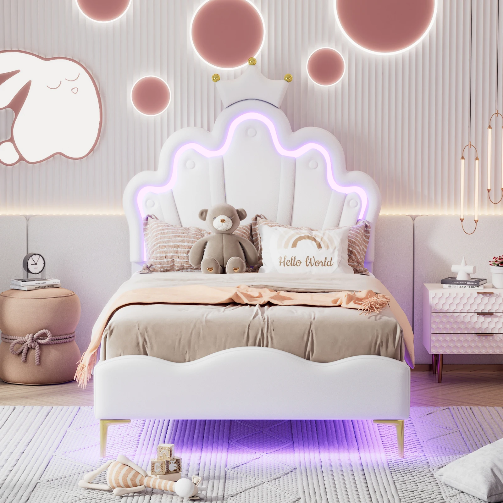 ROSAHQNDA 90x200cm Einzelbett, kronenförmiges Prinzessinnenbett, Polsterung aus weichem PU-Leder mit LED-Lichtleiste, ohne Matratze