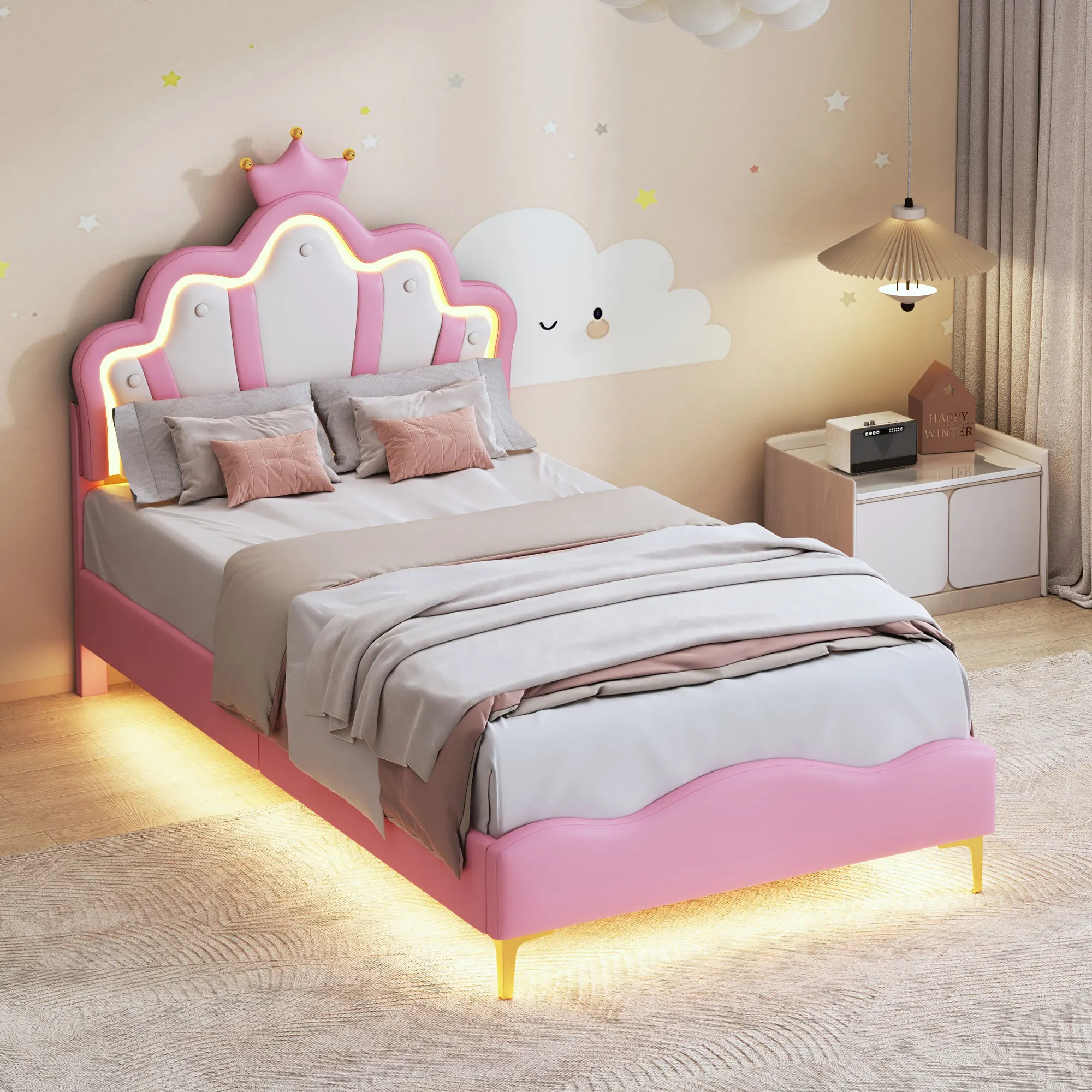 Łóżko dziecięce Rosahqnda 90x200 cm z oświetleniem LED, łóżko księżniczki, łóżko z koroną, łóżko dla dziewczynek/łóżko dziecięce/łóżko pojedyncze/łóżko płaskie/łóżko z PU