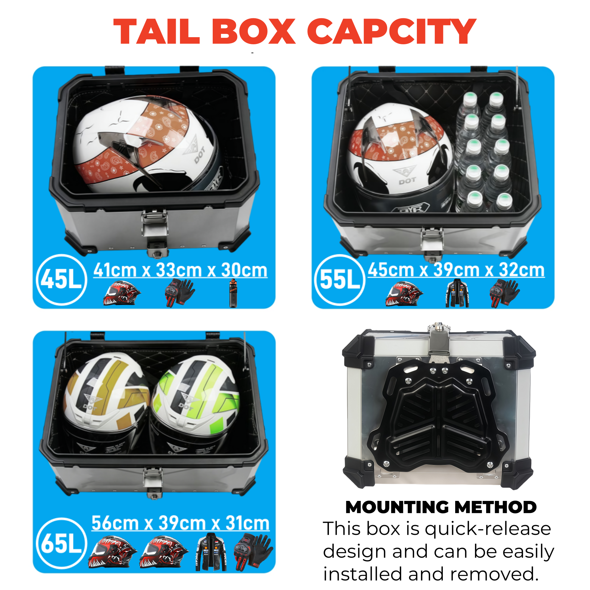 65/55/45L Aluminium Silbrig Motorrad Top Box Wasserdichte Hinten Gepäck Fall Motorrad Stamm Schwanz Helm Box Quick Release Toolbox