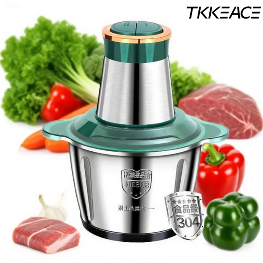 TKKEACE 2L Elektrische Fleischwölfe Lebensmittelzerkleinerer 6S Edelstahl Multifunktionaler Gemüseschneider Babynahrungsmaschine Zerkleinerer