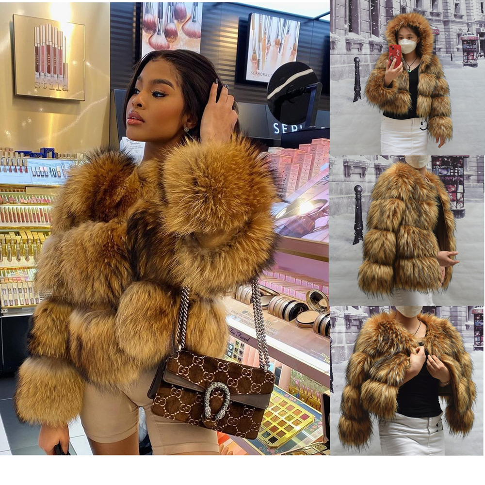 HOOOFUR 毛皮コートの女性のジャケットフェイク冬の女性ショート暖かい厚いアライグマフェイクファーコート 2024 ブラウン