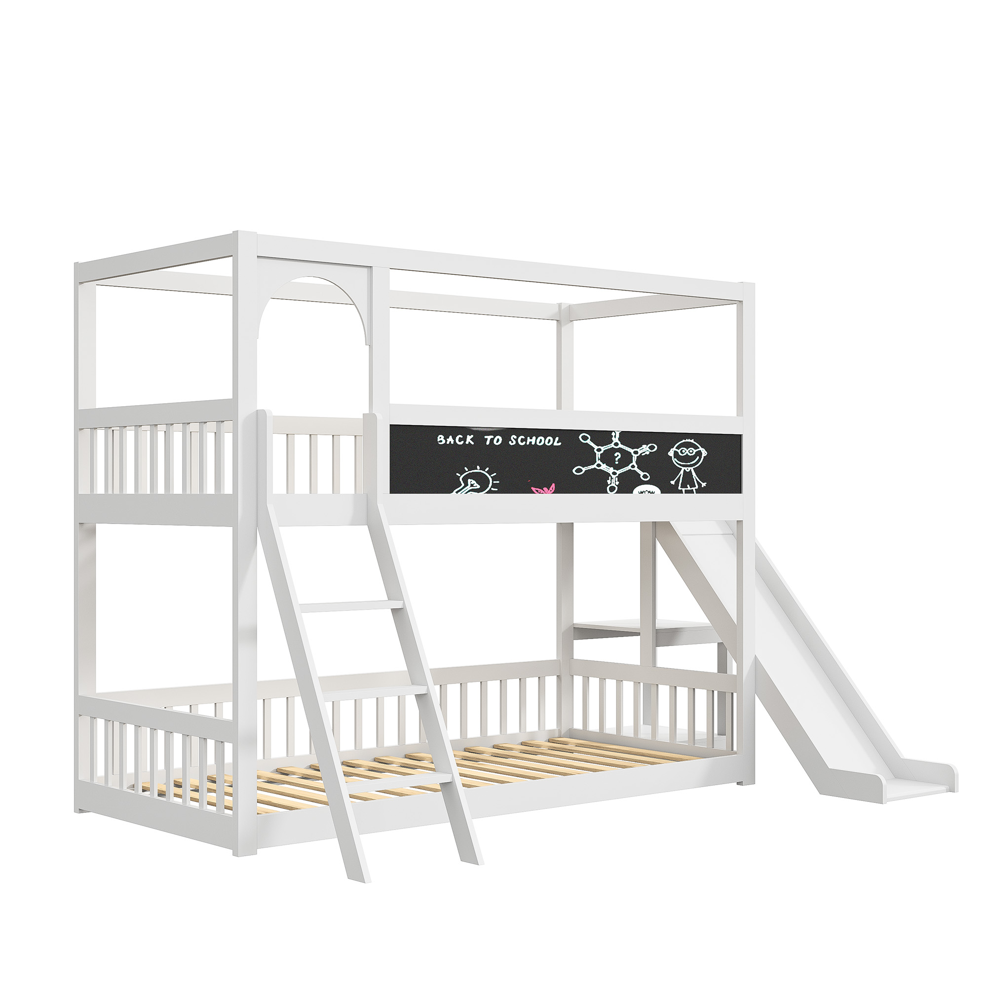Marco de cama para niños con escaleras y toboganes, litera con pizarra, madera maciza, protección contra caídas, 90x200cm