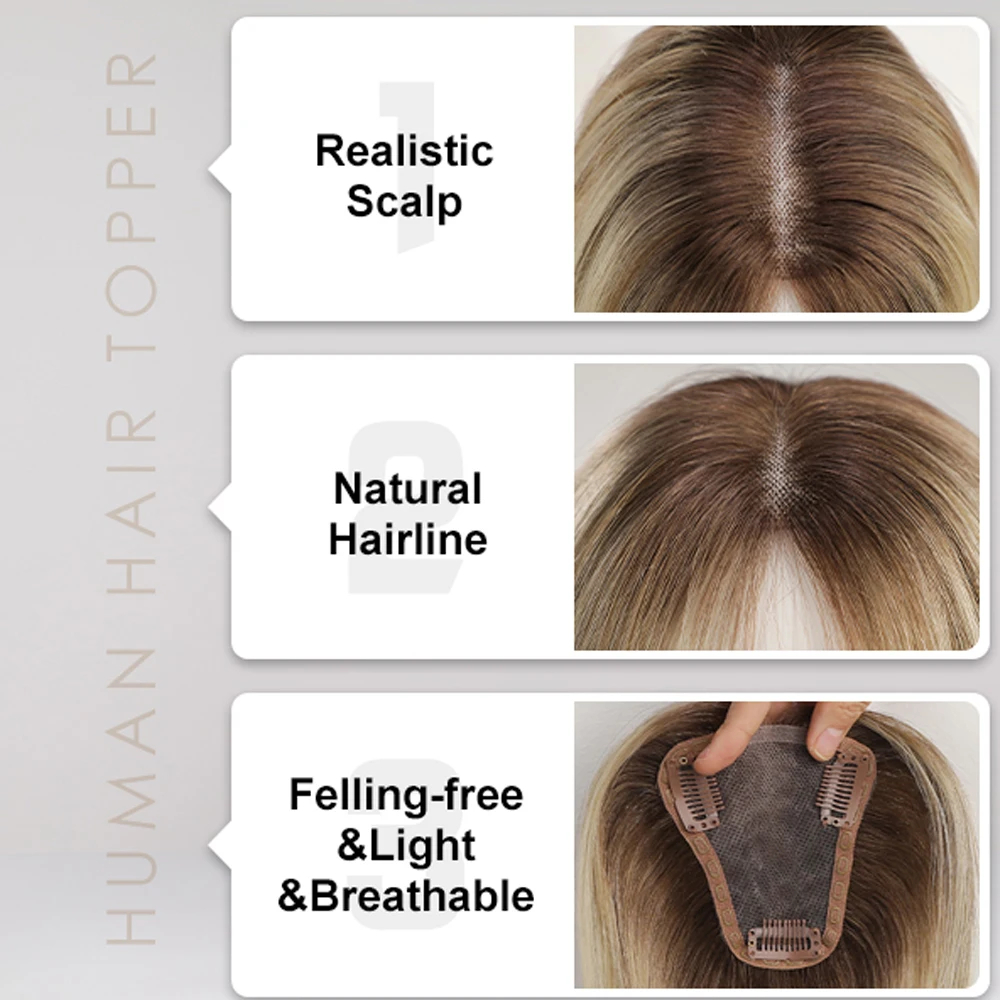 Toppers de cabelo humano loiro, base de renda 100% remy, clipes em luz, marrom dourado, postiços mistos para mulheres, 12 polegadas