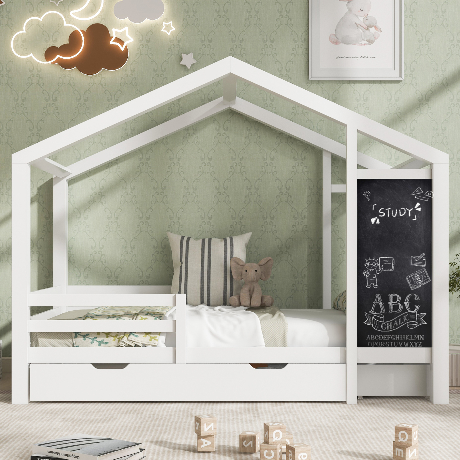 Lit de Maison Blanc pour Enfant, 90x200 cm, Clôture en Bois Massif, Cadre à Lattes, Ceinture, Tableau Noir et 2 Tiroirs, Lit en Bois (Sans Matelas)