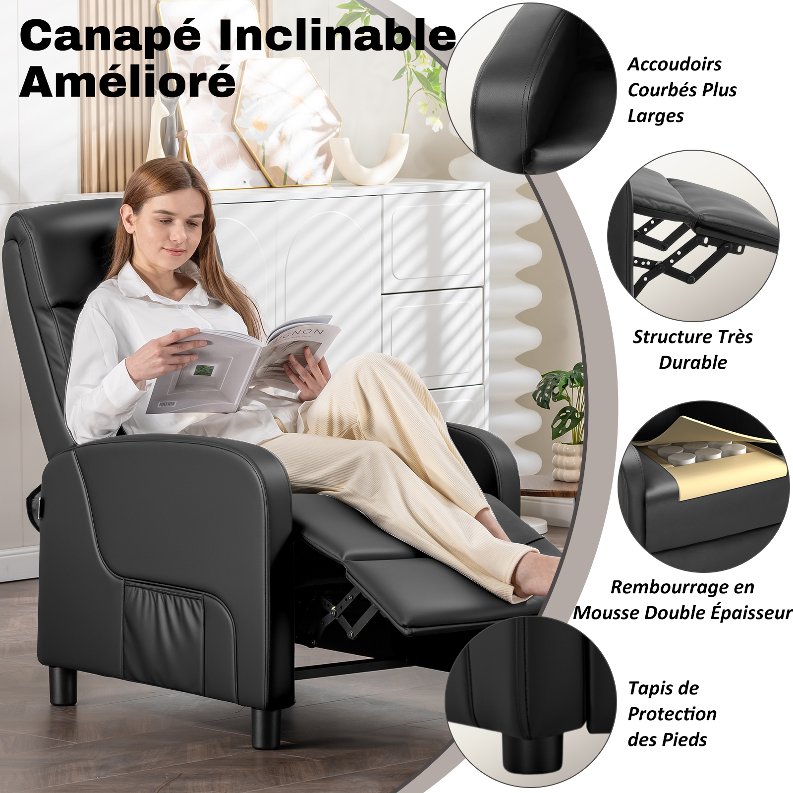 COMHOMA Fauteuil Relax Fauteuil TV avec Dossier Réglable jusqu'à 160°, Coussin Plume avec Repose-pieds Fauteuil Lounge Simple Salon Fauteuil Lounge Simple Chambre Home Cinéma PU