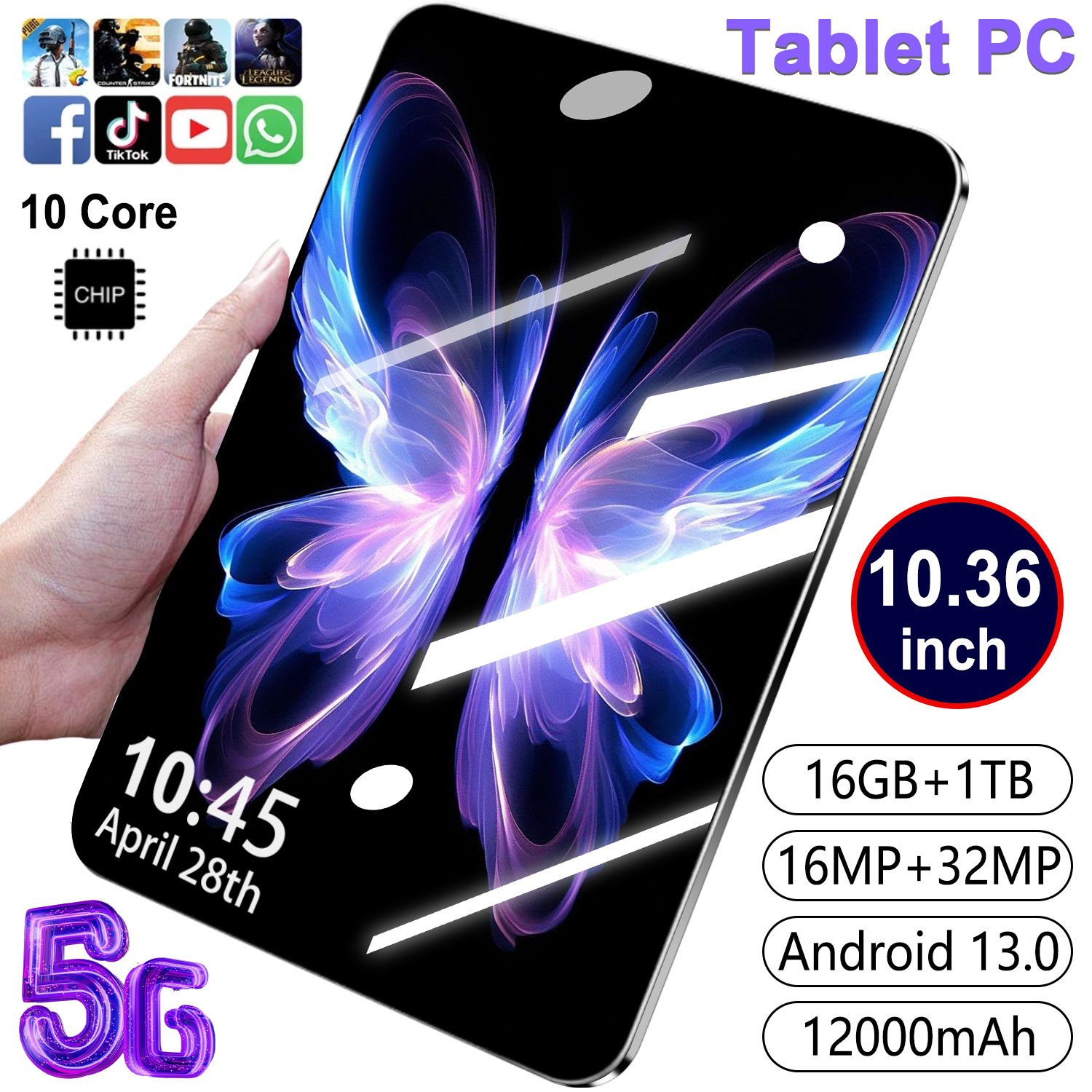 Tablet Android 2025 5G  New 10.36Inch Tablet Android 16GB RAM 1TB ROM 12000mAh MTK6797 10-Core Android 13 WiFi Dual SIM Network